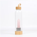 Natural gem stone glass bottle wood made cap energy spirit quartz point water drinking bottle