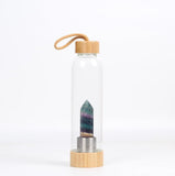 Natural gem stone glass bottle wood made cap energy spirit quartz point water drinking bottle