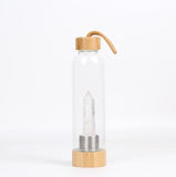 Natural gem stone glass bottle wood made cap energy spirit quartz point water drinking bottle