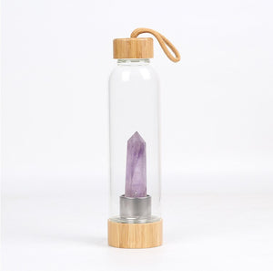 Natural gem stone glass bottle wood made cap energy spirit quartz point water drinking bottle