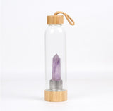 Natural gem stone glass bottle wood made cap energy spirit quartz point water drinking bottle