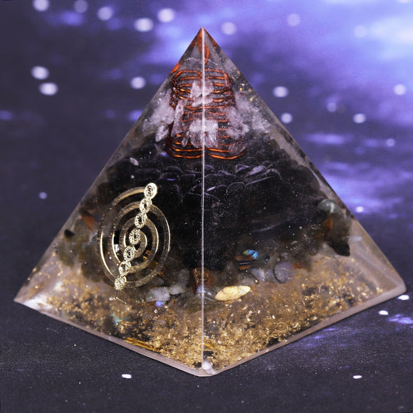 REIKI PYRAMID~Black Orgonite Pyramid Muladhara Chakra Obsidian Natural Crystal Labradorite Repel Evil Spirits Pyramid Decoration