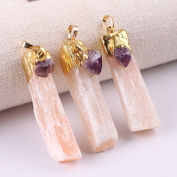 Crystal Healing~Crystals Stones orange Wrapped Raw Selenite Stick Wand Stone Fashion Pendant Couple Decoration DIY Gift