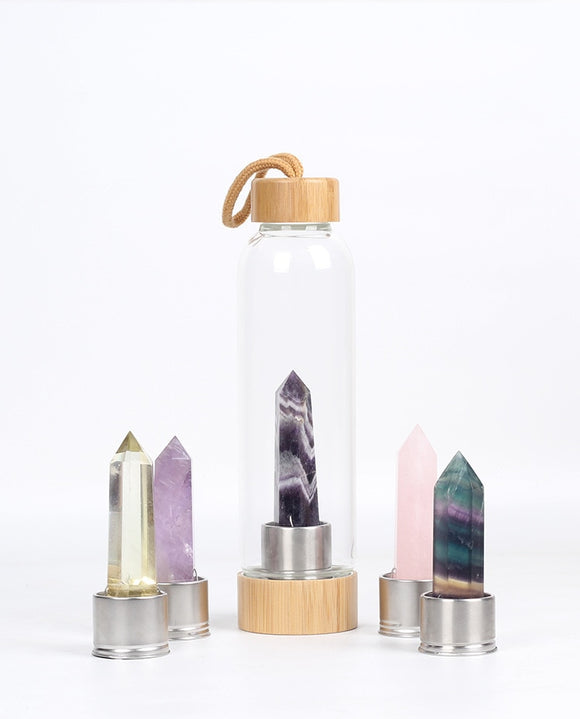 Natural gem stone glass bottle wood made cap energy spirit quartz point water drinking bottle