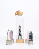 Natural gem stone glass bottle wood made cap energy spirit quartz point water drinking bottle