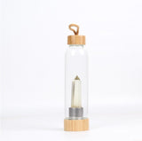 Natural gem stone glass bottle wood made cap energy spirit quartz point water drinking bottle