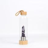 Natural gem stone glass bottle wood made cap energy spirit quartz point water drinking bottle