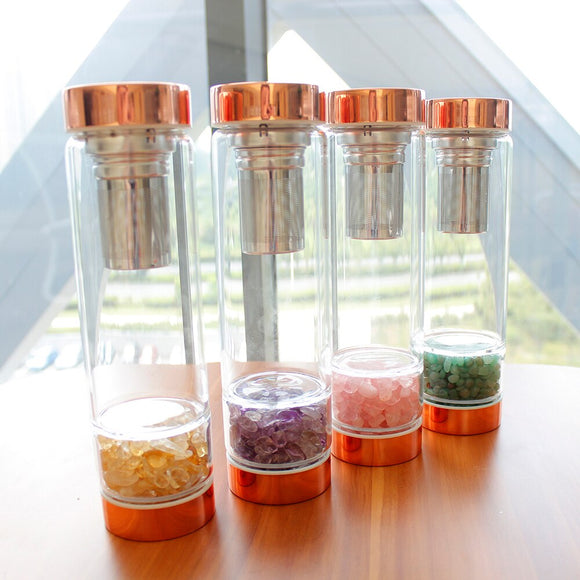 Natural  Crystal Elixir Bottles gemstone Glass  therapy stone  Healing Crystal Infuser Energy cup