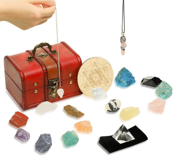 Crystals and Healing Chakra Stones Set  Spiritual Crystal  Wooden Box