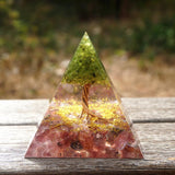 Orgone Pyramid~HANDMADE 60MM Tree of Life Orgone Pyramid Peridot & Strawberry Quartz,Orgone Accumulator, EMF Orgonite Energy Chakra Reiki