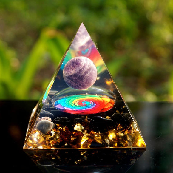 Orgone Pyramid~HANDMADE Amethyst Crystal Sphere Orgone With Obsidian Crystal Pyramid 60MM