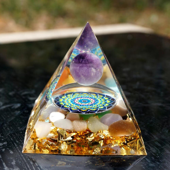 Orgone Pyramid~HANDMADE Orgonite Pyramid 60MM Amethyst Sphere With Colorful Cat Eye Natural Crystal EMF Protection Orgone Energy Reiki Chakra