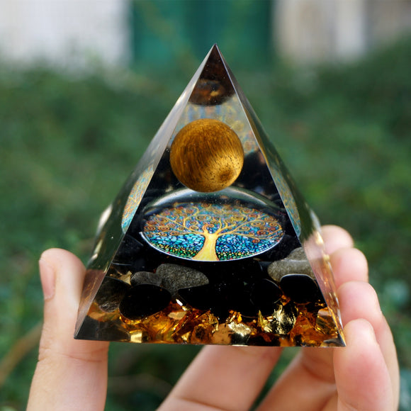 Orgone Pyramid~HANDMADE Tiger Eye Crystal Sphere & Obsidian Quartz Orgone Pyramid 60MM Reiki Energy Healing Chakra Meditation