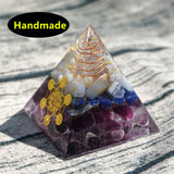 Orgone Pyramid~Handmade 60MM Orgone Pyramid Clear White Crystal With Lapis Lazuli,Amethyst Fluorite Energy Symbol Sticker