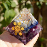 Orgone Pyramid~Handmade 60MM Orgone Pyramid Clear White Crystal With Lapis Lazuli,Amethyst Fluorite Energy Symbol Sticker