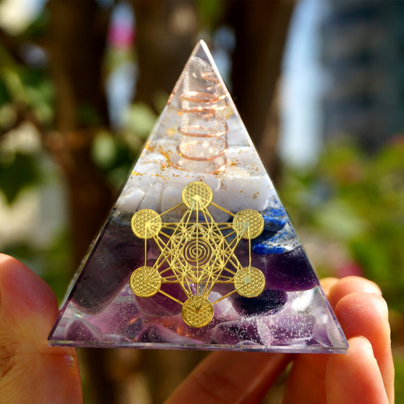 Orgone Pyramid~Handmade 60MM Orgone Pyramid Clear White Crystal With Lapis Lazuli,Amethyst Fluorite Energy Symbol Sticker