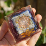 Orgone Pyramid~Handmade 60MM Orgone Pyramid Clear White Crystal With Lapis Lazuli,Amethyst Fluorite Energy Symbol Sticker