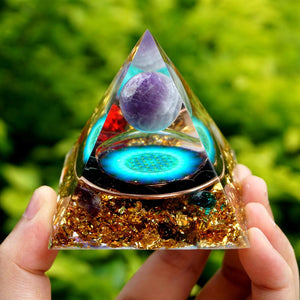 Orgone Pyramid~Handmade Amethyst Crystal Sphere Orgone Pyramid with Obsidian Red Rose Blue Quartz Copper Energy Healing Orgonite Collection