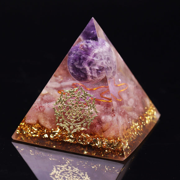 Reiki Pyramid~Handmade Amethyst Crystal Sphere Orgonite Pyramid Strawberry Crystal Reiki Chakra Energy Orgone Collection Emf Protection