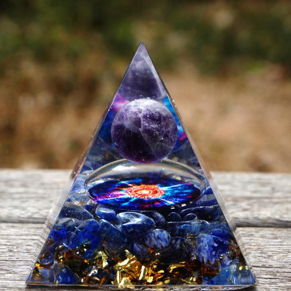 Orgone Pyramid~Handmade Orgonite Pyramid 60mm Amethyst Crystal Sphere & Blue Quartz Pyramid Orgone Reiki Energy Healing Meditation