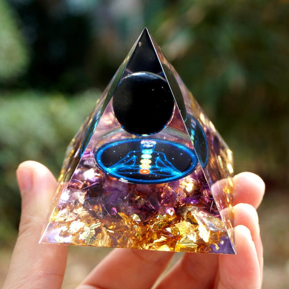 Orgone Pyramid~Handmade Orgonite Pyramid 60mm Obsidian Crystal Sphere & Amethyst Natural Quartz Crystal Orgone Energy Healing Reiki Chakra