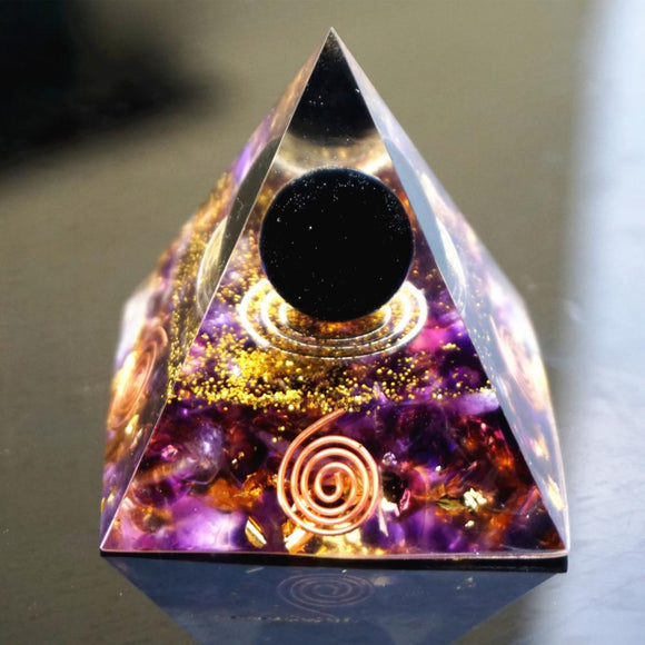 Orgone Pyramid~Handmade Orgonite Pyramid 60mm Obsidian Crystal Sphere & Amethyst Quartz Reiki Energy Healing Orgone Pyramide