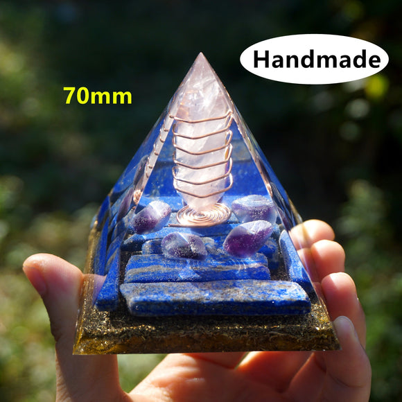 Orgone Pyramid~Handmade Rose Crystal Orgone Pyramid 70mm Large Size Lapis Lazuli Energy Healing Orgonite