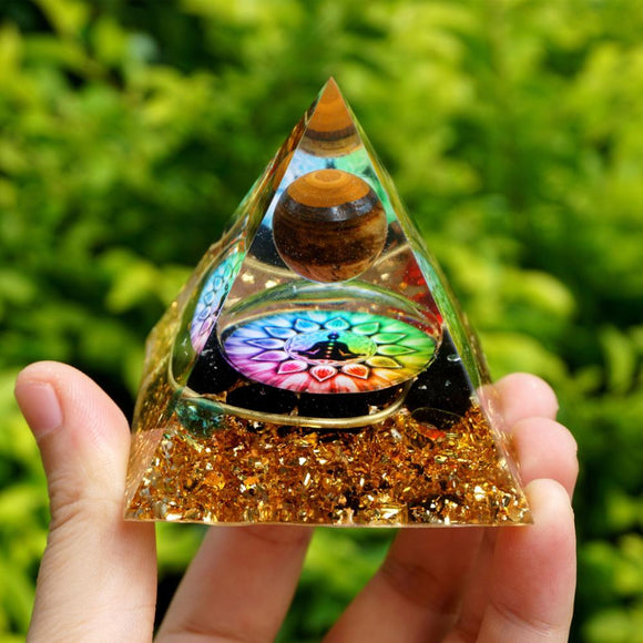 Orgone Pyramid~Handmade Tiger Eye Crystal Sphere Orgone Pyramid 60mm Chakra Obsidian Reiki Energy Healing Orgonite