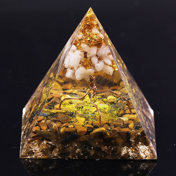 Reiki Pyramid~Handmade White Crystal  Tree Of Life Orgone Pyramid Tiger Eye Stone Healing Orgonite Pyramid Resin Ornaments