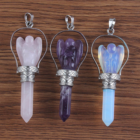 Natural Gnergy Gemstone~ Natural Healing Crystal Quartz Pendulums Hexagon Column Stones Carve Angel Scepter Pendulum Stone Pendant Fashion Jewelry