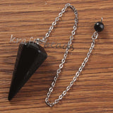 Natural Gnergy Gemstone~ Natural Hexagon Pyramid 7 Round Beads Reiki Chakra Chain Pendulum Black Agates Quartz Stone Pendant Charm Jewelry