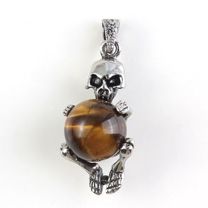 Natural Gnergy Gemstone~ Punk Style Silver Plated Natural Tiger Eye Stone Skeleton Stones Pendant For Halloween Gift