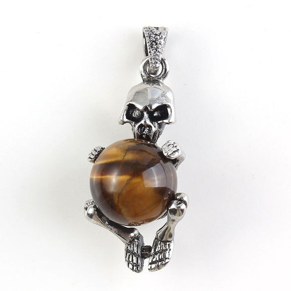 Natural Gnergy Gemstone~ Punk Style Silver Plated Natural Tiger Eye Stone Skeleton Stones Pendant For Halloween Gift