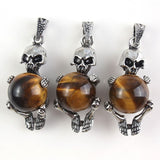 Natural Gnergy Gemstone~ Punk Style Silver Plated Natural Tiger Eye Stone Skeleton Stones Pendant For Halloween Gift