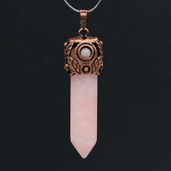 Natural Gnergy Gemstone~ Red Bronze Natural Healing Pendulums Hexagon Column Stones Rose Pink Quartz Pendulum Stone Pendant Antique Jewelry