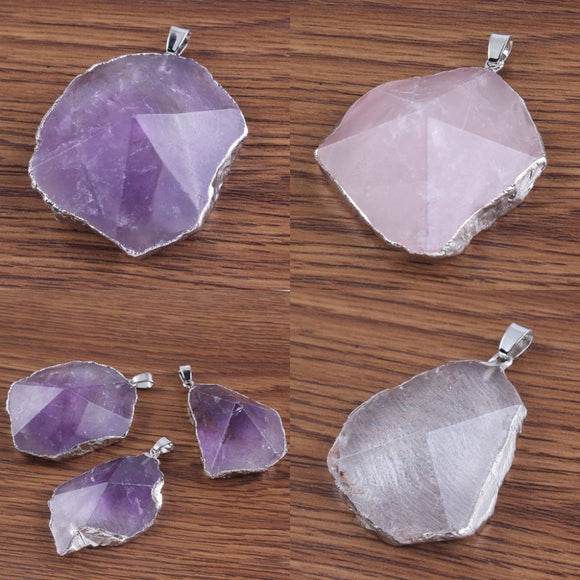 Natural Gnergy Gemstone~ Silver Plated Natural Healing Crystal Quartz Purple Irregular Shape Amethysts Rose Pink Quartz Rock Stone Pendant Jewelry