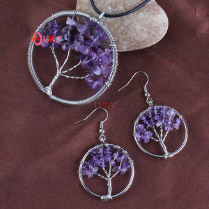 Natural Gnergy Gemstone~ Silver Plated Natural Quartz Stone Tree of Life Pendant Handmade Wire Wrapped Earrings Necklace Jewelry Sets For Women