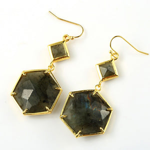 Natural Gnergy Gemstone~ Attractive Design Gold Color Layer Hexagon Section Labradorite Stone Earrings For Anniversary Jewelry