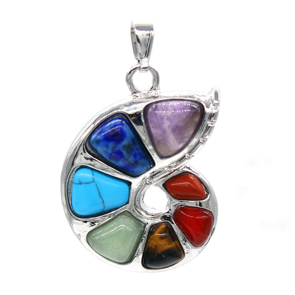Natural Gnergy Gemstone~ Exclusive Design Silver Plated 7 Color Chakra Stones Ammonite Pendant Ethnic Jewelry