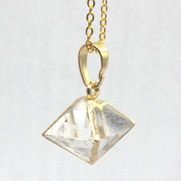 Natural Gnergy Gemstone~ Light Yellow Gold Color Square Pyramid Natural Rock Crystal Pendant Necklace Link Chain Jewelry