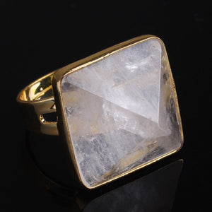 Natural Gnergy Gemstone~ New Stylish Light Yellow Gold Color Resizable Square Pyramid Ring Natural Rock Crystal Ring Engagement Jewelry