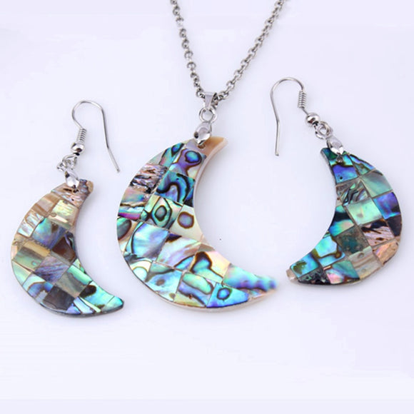 Natural Gnergy Gemstone~ Popular Silver Plated Abalone Shell Crescent Moon Pendant Dangle Earrings Classic Jewelry Sets