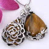 Natural Gnergy Gemstone~ Popular Silver Plated Natural Tiger Eye Stone Inlay Flower Water Drop Pendant Fashion Jewelry