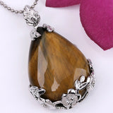 Natural Gnergy Gemstone~ Popular Silver Plated Natural Tiger Eye Stone Inlay Flower Water Drop Pendant Fashion Jewelry