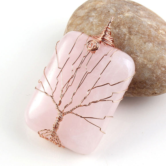 Natural Gnergy Gemstone~ Rose Gold Color Wire Wrapped Natural Rose Pink Quartz Tree Life Handmade Square Pendant Fashion Jewelry