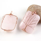 Natural Gnergy Gemstone~ Rose Gold Color Wire Wrapped Natural Rose Pink Quartz Tree Life Handmade Square Pendant Fashion Jewelry