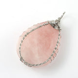 Natural Gnergy Gemstone~ Silver Plated Handmade Wire Wrapped Amethysts Water Drop Rose Pink Quartz Pendant Opal Jewelry