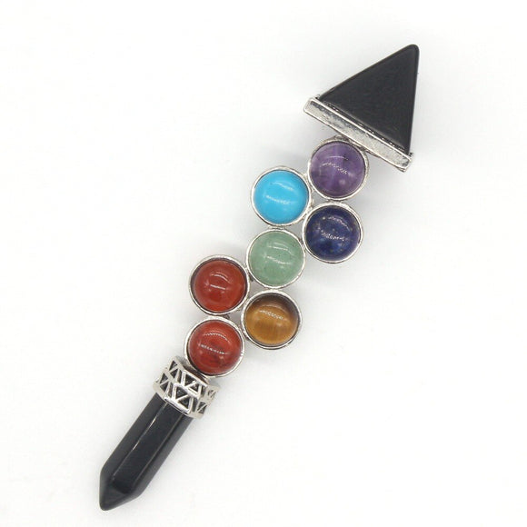 Natural Gnergy Gemstone~ Silver Plated Pyramid 7 Stone Beads Energy Scepter Black Obsidian Chakra Pendant Fashion Jewelry