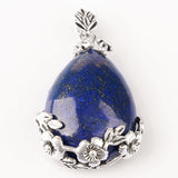 Natural Gnergy Gemstone~ Trendy Silver Plated Lapis Lazuli with Flower Pendant Water Drop Ring For New Year Jewelry Sets