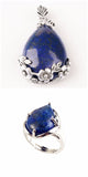 Natural Gnergy Gemstone~ Trendy Silver Plated Lapis Lazuli with Flower Pendant Water Drop Ring For New Year Jewelry Sets